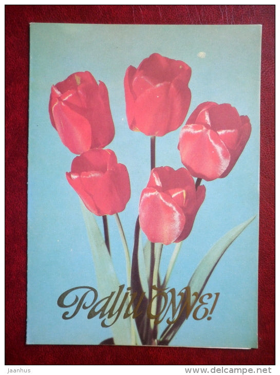 greeting card - red tulips - flowers - 1983 - Estonia USSR - unused - JH Postcards