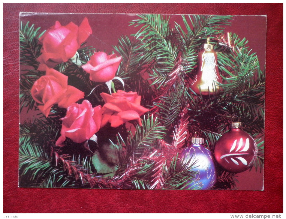 New Year greeting card - roses - decorations - flowers - 1990 - Russia USSR - used - JH Postcards