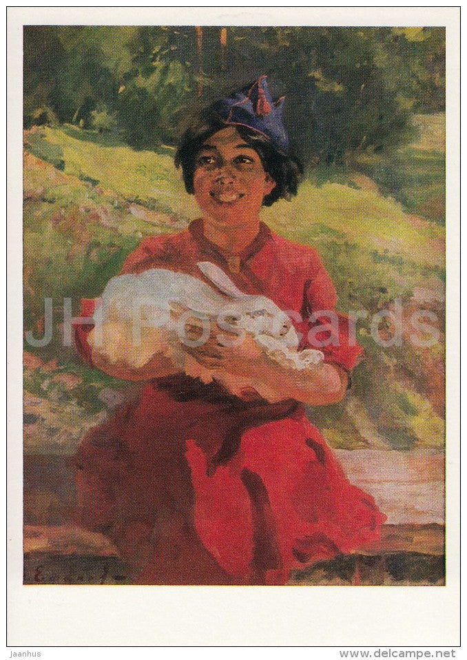 painting by P. Efanov - In a new homeland , 1937 - rabbit - girl - children - Russian art - 1988 - Russia USSR - unused - JH Postcards