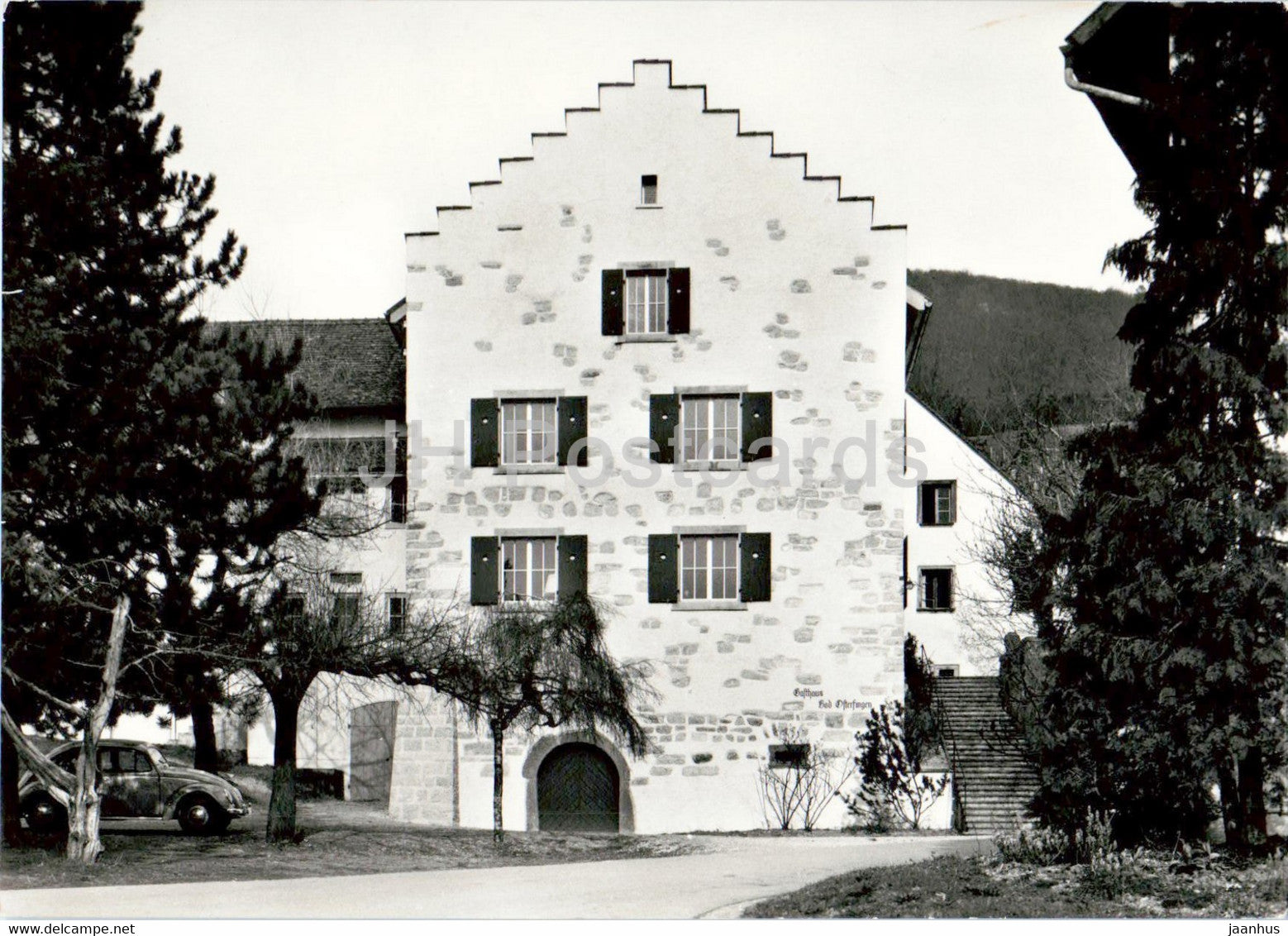 Gasthaus Bad - Osterfingen - car Volkswagen - Beetle - old postcard - 1956 - Switzerland - used - JH Postcards