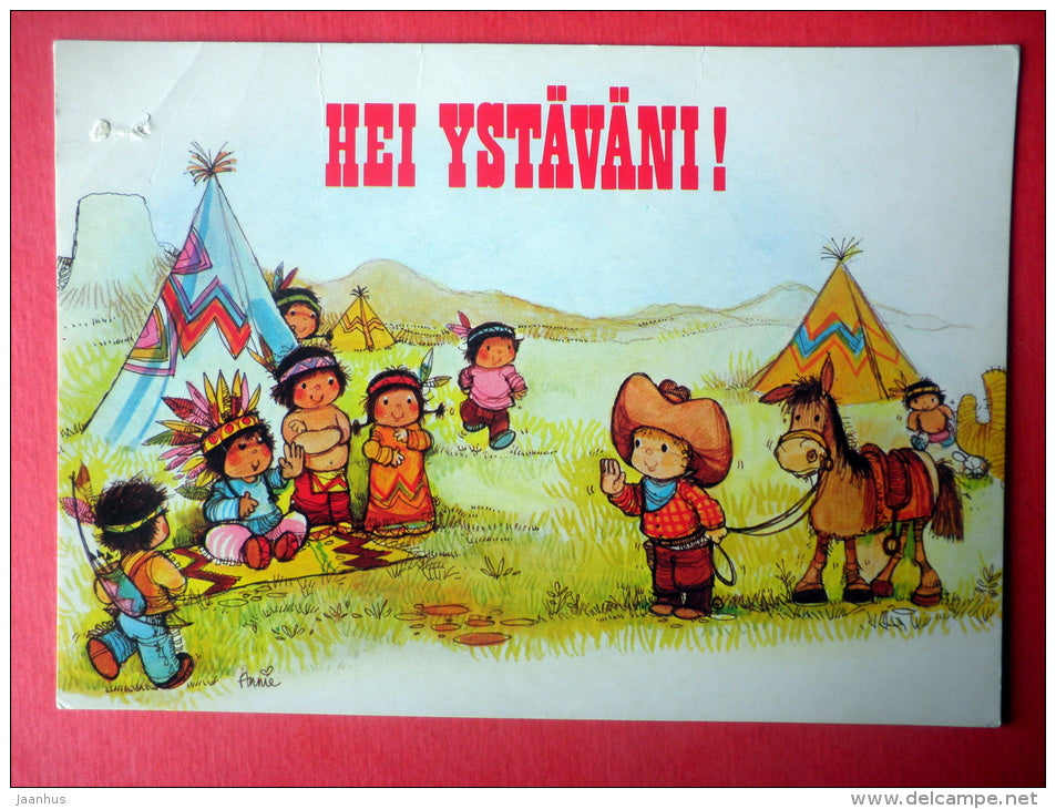 illustration by Anne - indian tribe - horse - cowboy - 034-3 - circulated in Finland - JH Postcards