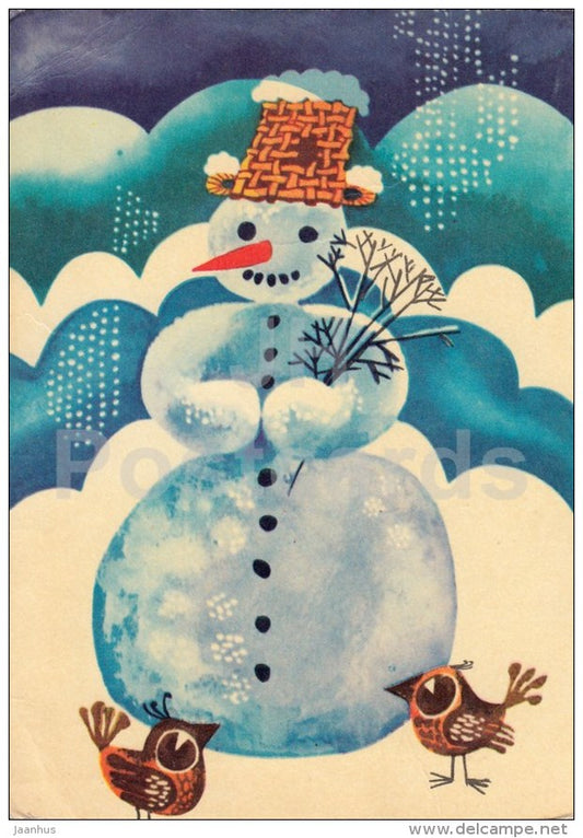 New Year Greeting card - by I. Sampu-Raudsepp - 1 - snowman - birds - 1975 - Estonia USSR - used - JH Postcards