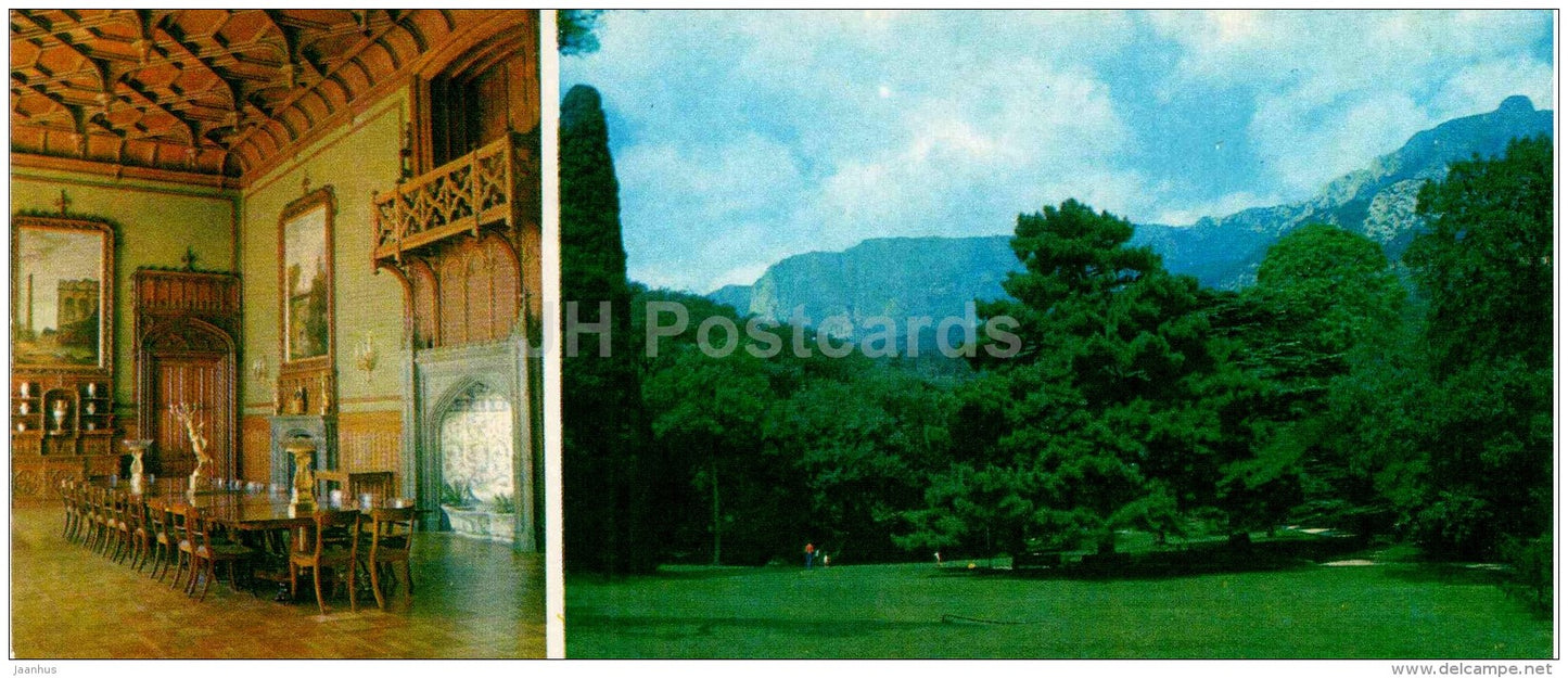 formal dining room , interior - In the Upper Park - Alupka Palace Museum - Crimea - 1982 - Ukraine USSR - unused - JH Postcards