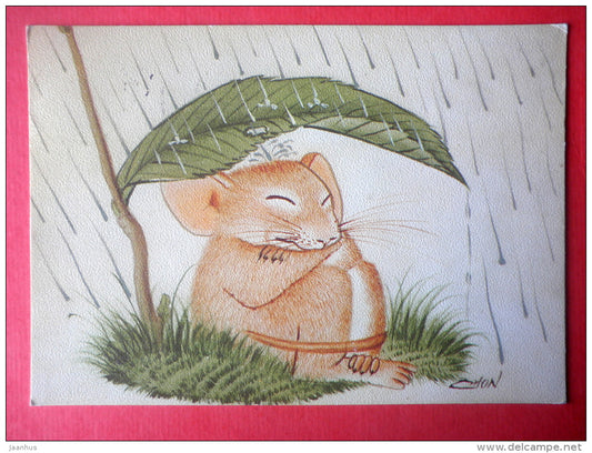 illustration by Lu Chon - Happy Mice - rain - mouse - Germany - sent from Finland Turku to Estonia USSR 1985 - JH Postcards