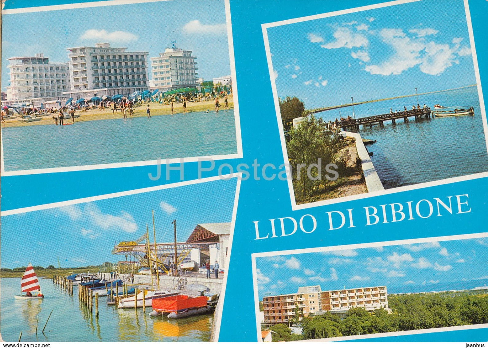 Lido di Bibione - La Spiaggia ed il Porto - The beach and the port - boat - multiview - Italy - 1973 - used - JH Postcards