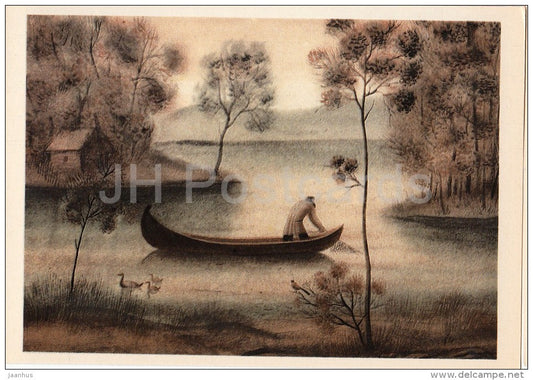 illustration by K. Sokolov - boat - In the Land of Unfrightened Birds by M. Prishvin - 1979 - Russia USSR - unused - JH Postcards