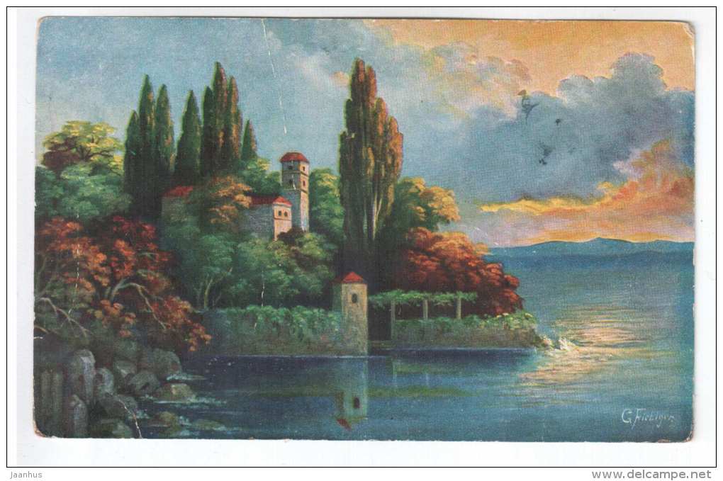 illustration by Fiebiger - castle , sea - Amag 387 - old postcard - circulated in Estonia 1926 , Rakvere , Narva - used - JH Postcards