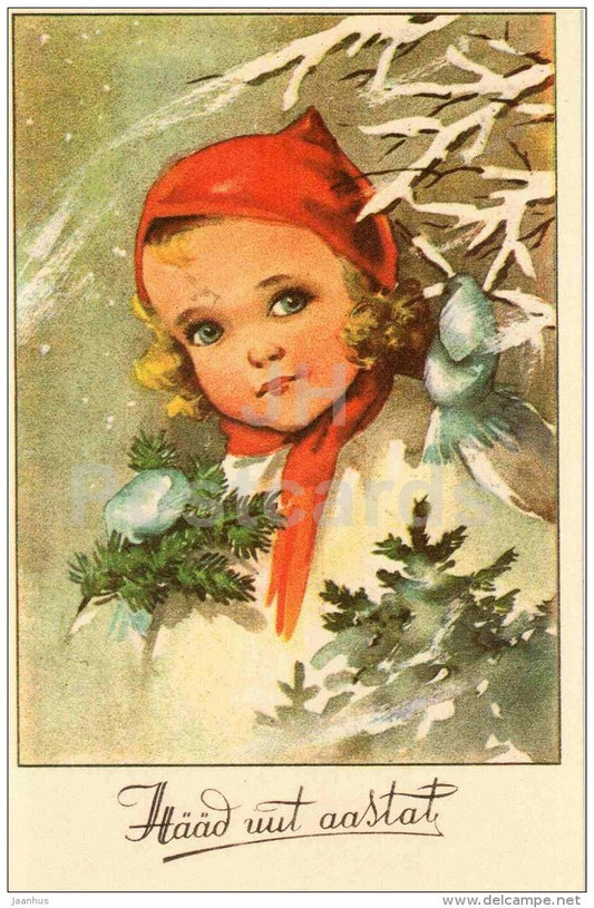 New Year Greeting Card - girl in red hat - REPRODUCTION ! - 1988 - Estonia USSR - unused - JH Postcards