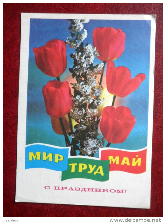 May 1st Greeting Card - red tulips - flowers - 1978 - Russia USSR - used - JH Postcards