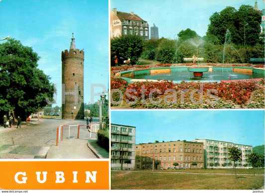 Gubin - Baszta Bramy Ostrowskiej - Skwer - ulica Boleslawa Chrobrego - street - square - multiview - Poland - unused - JH Postcards