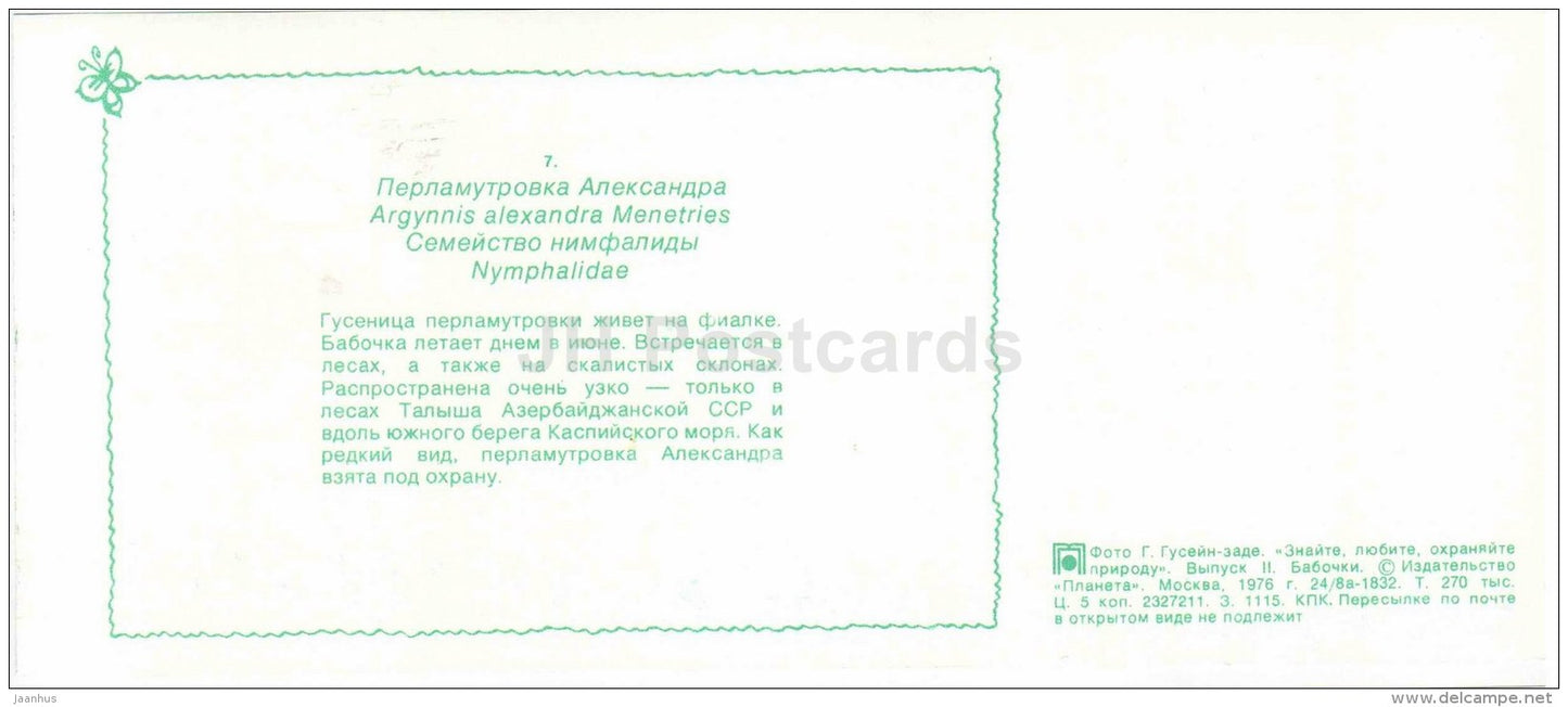 Argynnis alexandra Menetries - butterfly - 1976 - Russia USSR - unused - JH Postcards