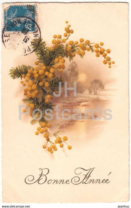 Birthday Greeting Card - Bonne annee - yellow flowers -  illustration - old postcard - France - used - JH Postcards