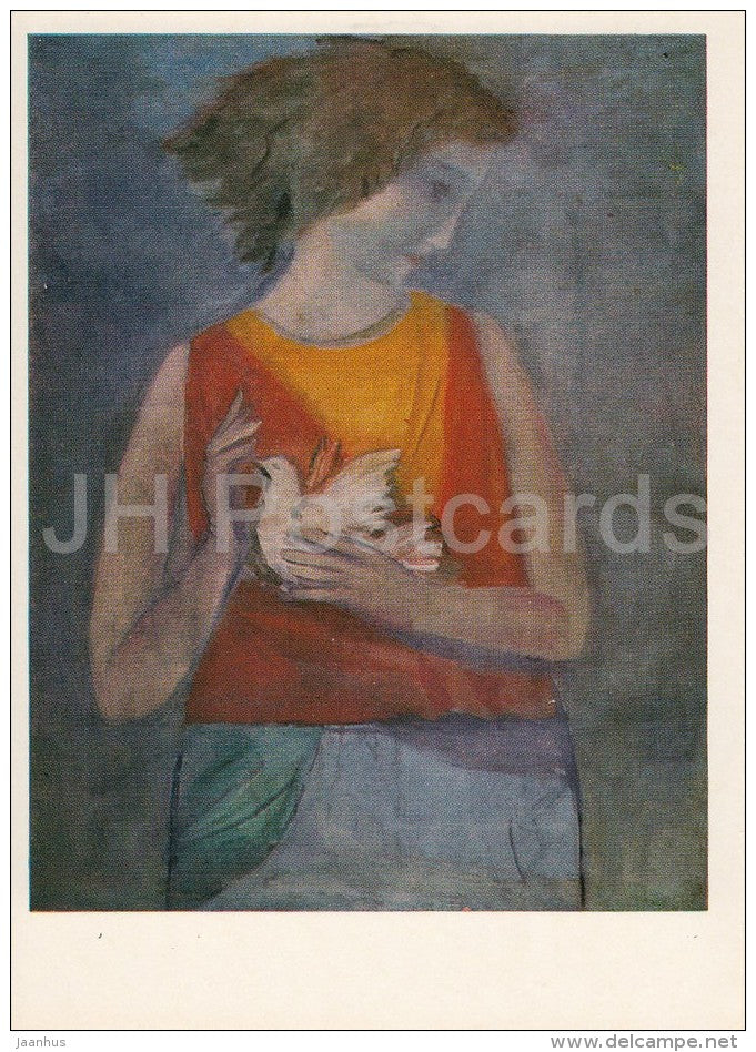 painting by A. Kravchenko - A girl with a Dove , 1930 - bird - Russian art - 1977 - Russia USSR - unused - JH Postcards