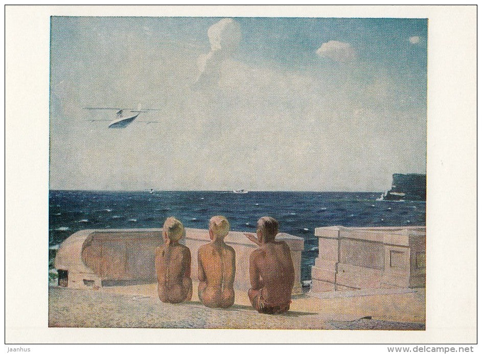 painting by A. Deyneka - Future pilots , 1938 - airplane - children - boys - Russian art - 1988 - Russia USSR - unused - JH Postcards