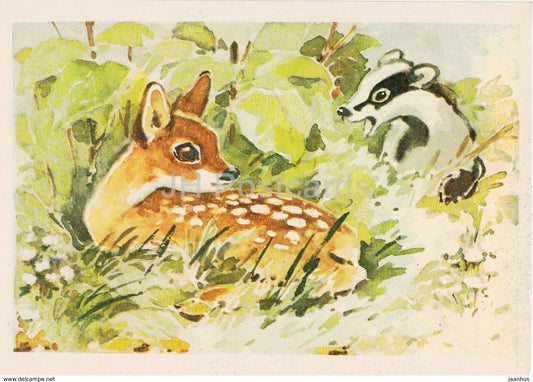 illustration by L. Gamburger - badger - deer - animals - Postcards for Children - 1984 - Russia USSR - unused - JH Postcards