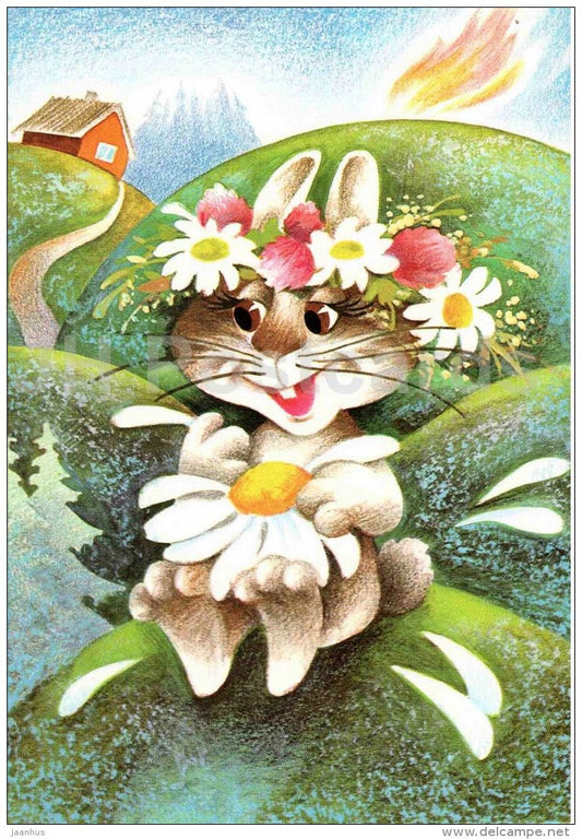 illustration by Ü. Meister - 12 Months , June - hare - rabbit - Daisy - 1990 - Estonia USSR - unused - JH Postcards