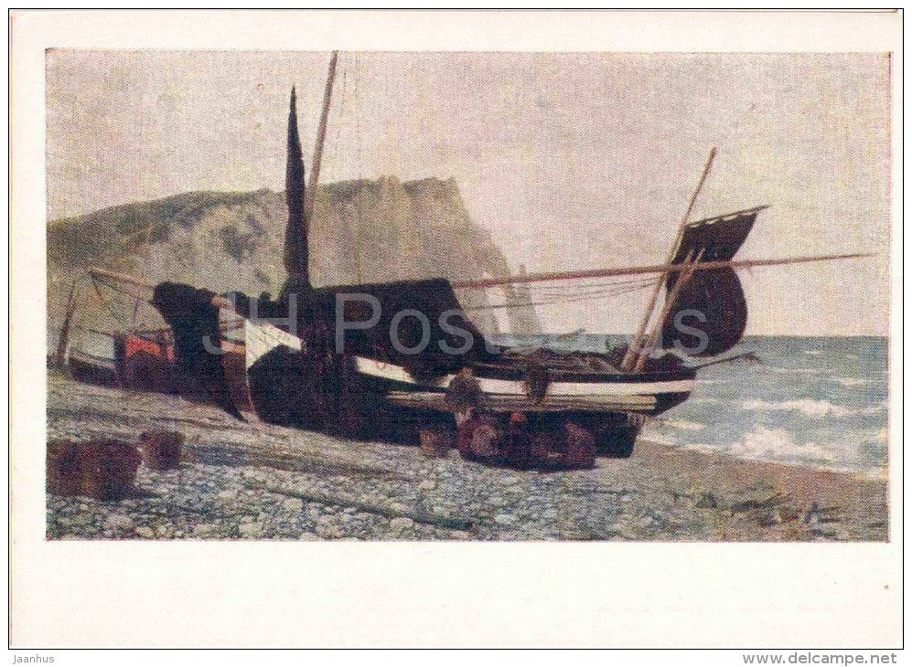 painting by V. Polenov - Fishing Boat . Etretat . Normandy , 1874 - sea - russian art - unused - JH Postcards