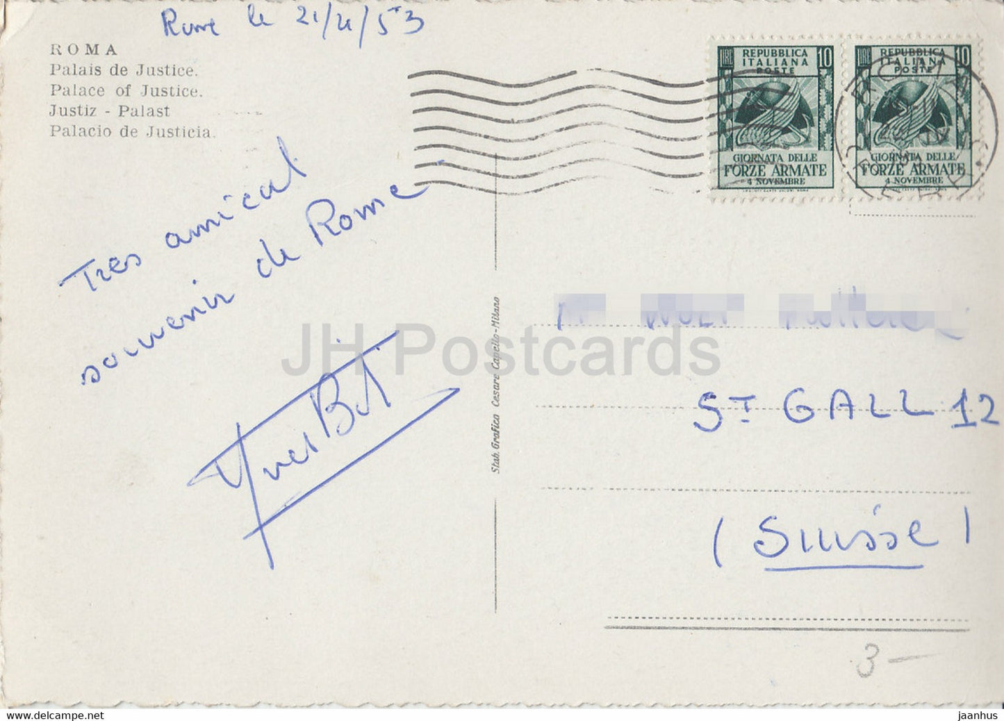 Roma - Rome - Palazzo di Giustizia - Palais de Justice - carte postale ancienne - 1953 - Italie - utilisé