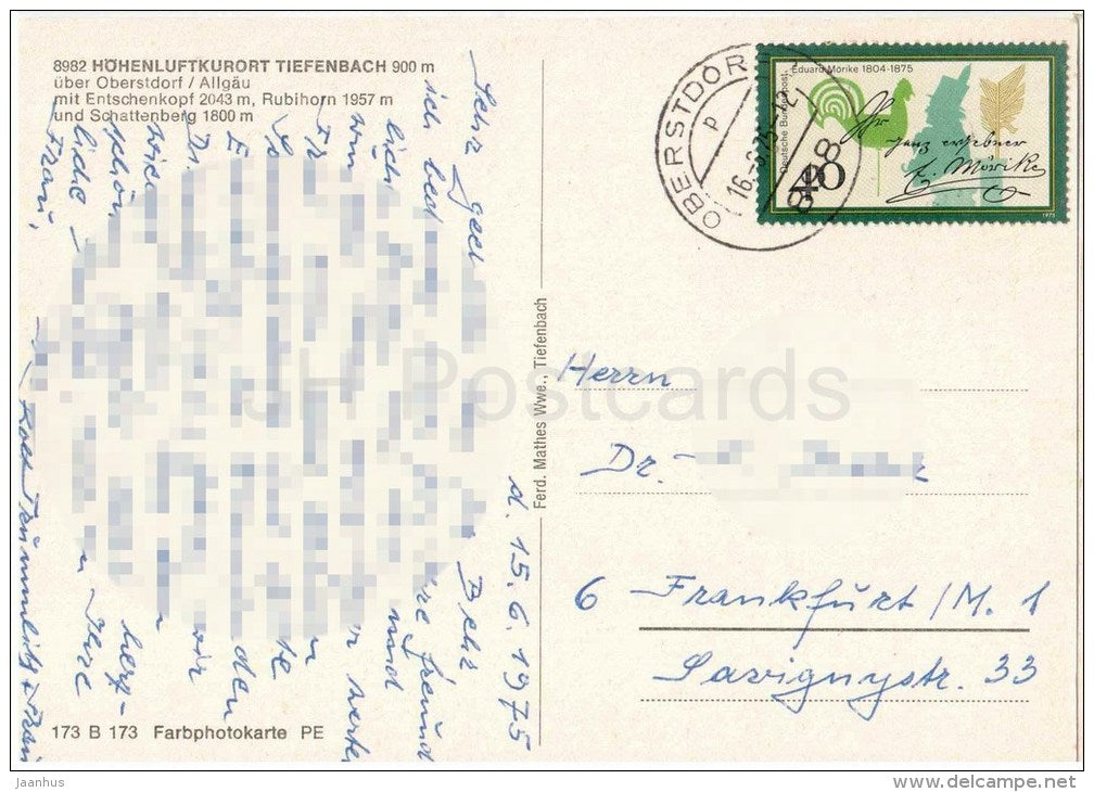 Höhenluftkurort Tiefenbach 900 m - Entschenkopf - Rubihorn - Schattenberg - mountains - 173 - 1975 gelaufen - JH Postcards