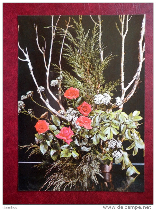 New Year Greeting card - composition - red roses - flowers - 1982 - Estonia USSR - used - JH Postcards