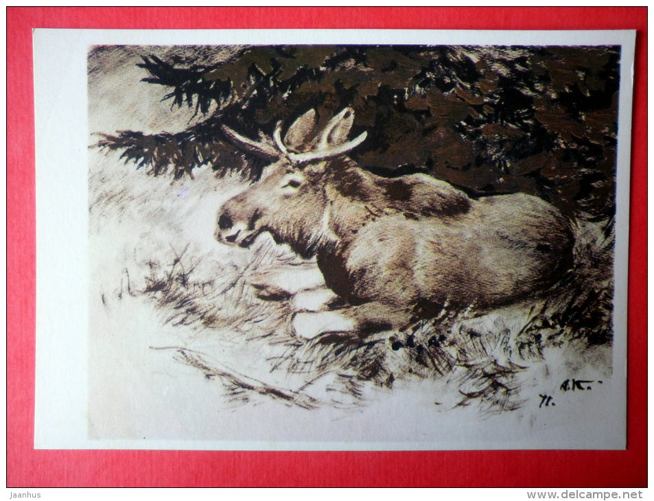 illustration by A. Komarov - Eurasian Elk - Alces alces - 1975 - Russia USSR - unused - JH Postcards