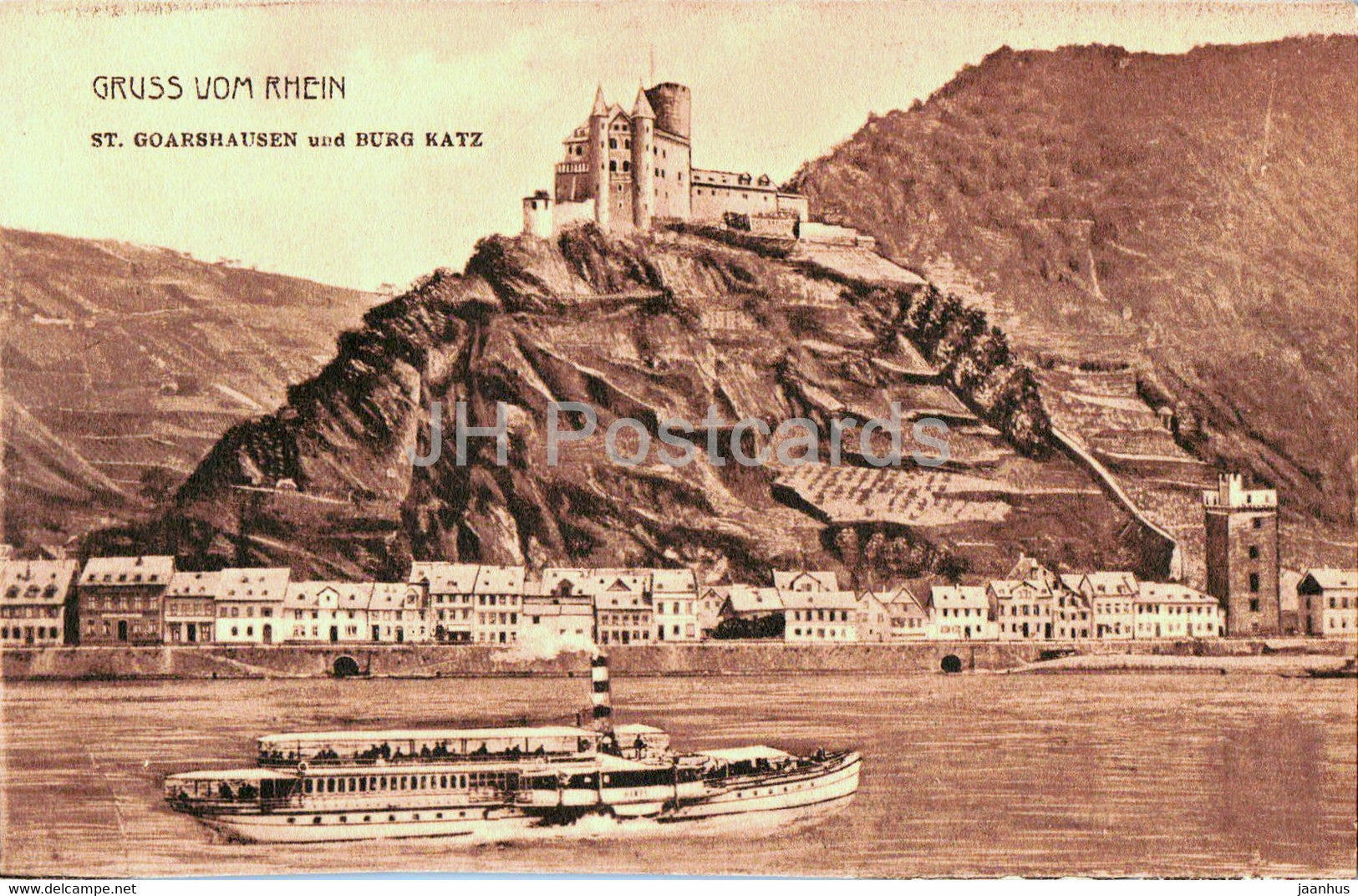 Gruss vom Rhein - St Goarshausen und Burg Katz - ship - old postcard - Germany - unused - JH Postcards