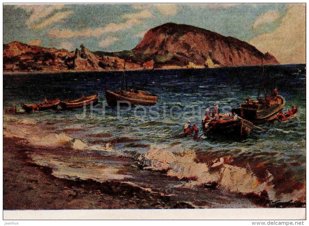 painting by P. Sokolov-Skalya - Fishing Boats - sea - russian art - unused - JH Postcards