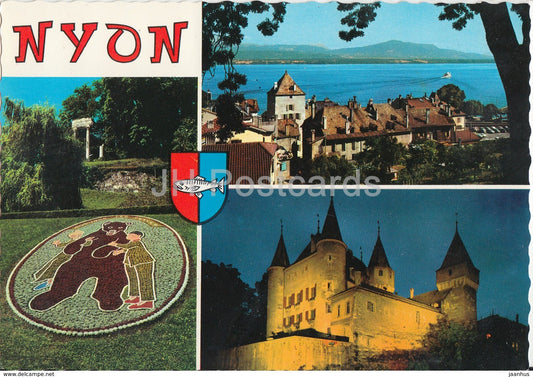 Nyon - Parterre fleuri et colonnes romaines - chateau - castle - multiview - 2946 - Switzerland - unused - JH Postcards