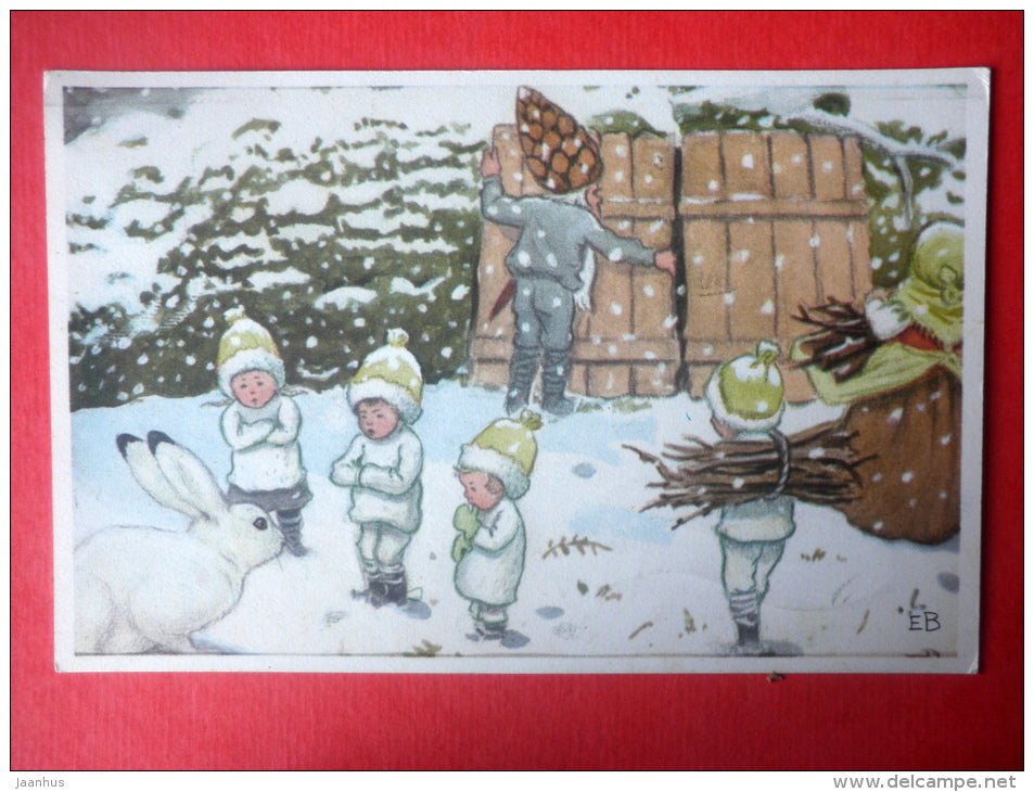 Christmas Greeting Card by Elsa Beskow - hare - children - nr 15 - Sweden - sent to Estonia USSR 1984 - JH Postcards