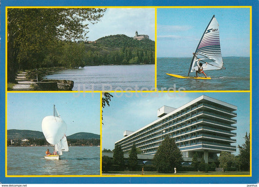 Tihany - Balatonfured - sailing boat - windsurfing - hotel - multiview - 1989 - Hungary - used - JH Postcards