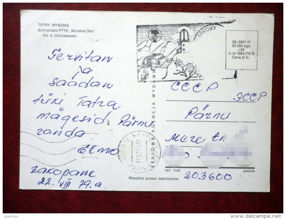 Tatry Wysokie , Schronisko PTTK Morskie Oko - Tatra Mountains - sent in 1979 to Estonia - Poland - used - JH Postcards