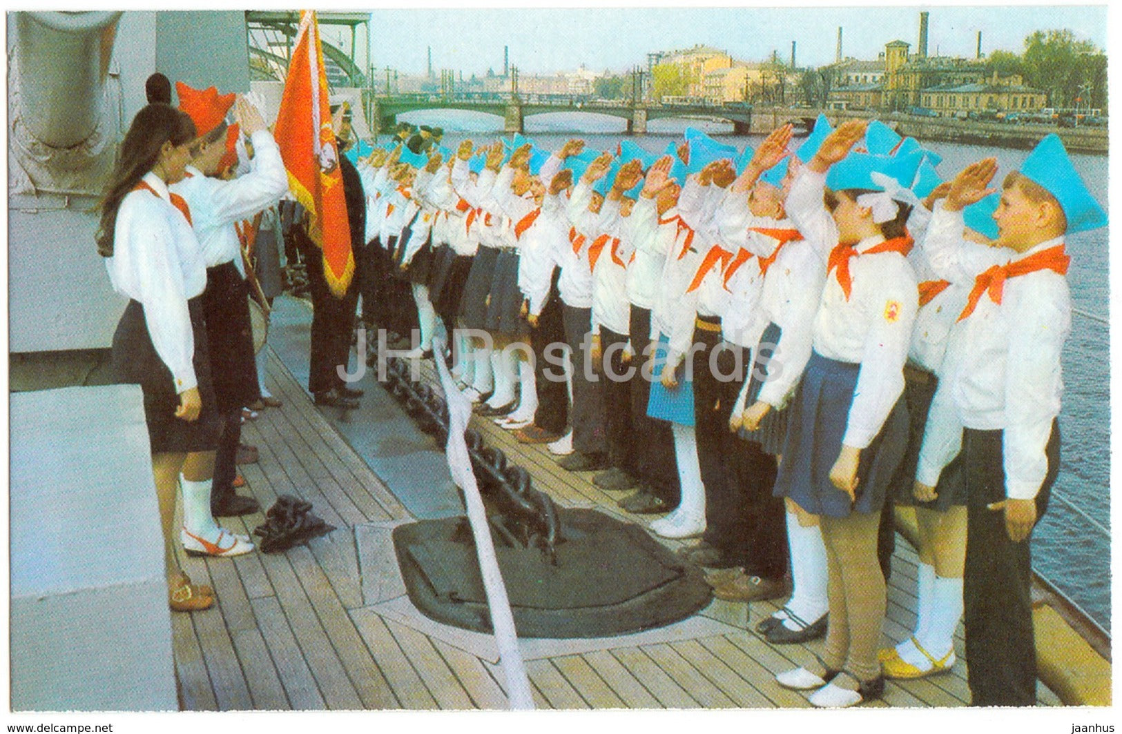 St Petersburg - Leningrad - Young Pioneer Parade - cruiser Aurora - warship - 1974 - Russia USSR - unused - JH Postcards