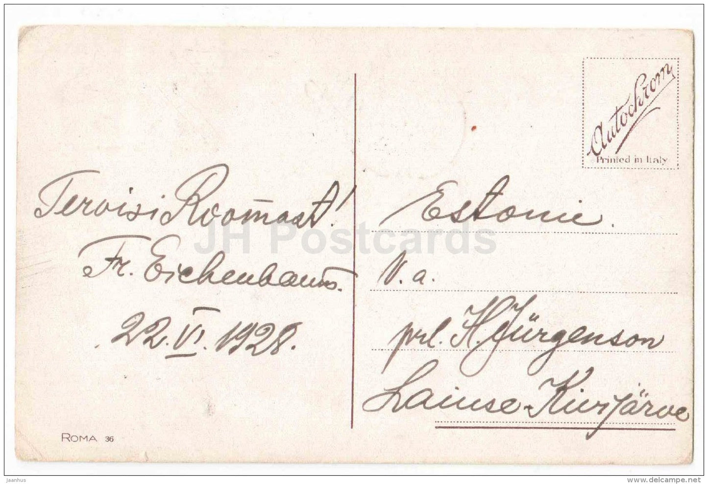 Il Panteon - Pantheon - Roma - Rome - 36 - Italia - Italy - sent from Italy Rome to Estonia 1928 - JH Postcards