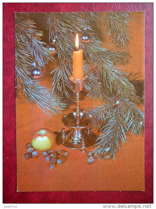 New Year Greeting card - candle - decorations - nuts - 1982 - Estonia USSR - used - JH Postcards