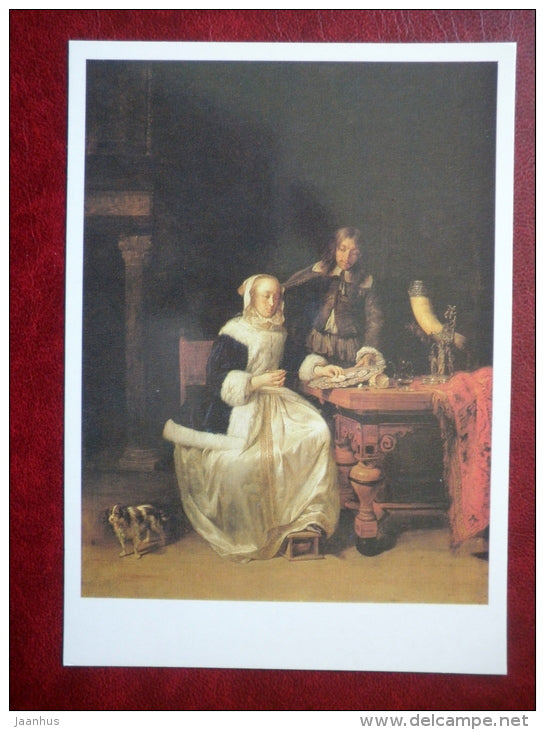 painting by Gabriël Metsu , Oyster Eaters , c 1660 - dog - dutch art  - unused - JH Postcards