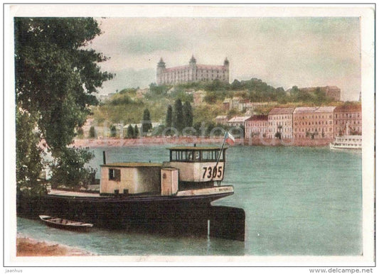 view from the park of the castle - Danube river - boat - Bratislava - Czechoslovakia - Slovakia - unused - JH Postcards