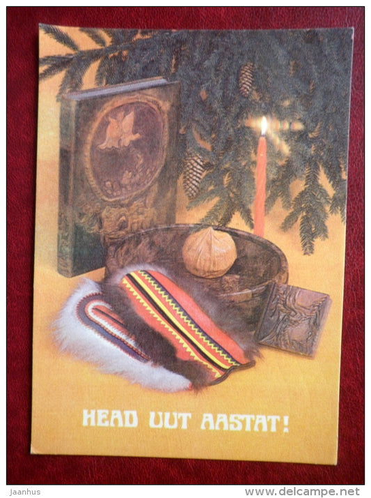 New Year Greeting  Card - book - mittens - 1981 - Estonia USSR - used - JH Postcards