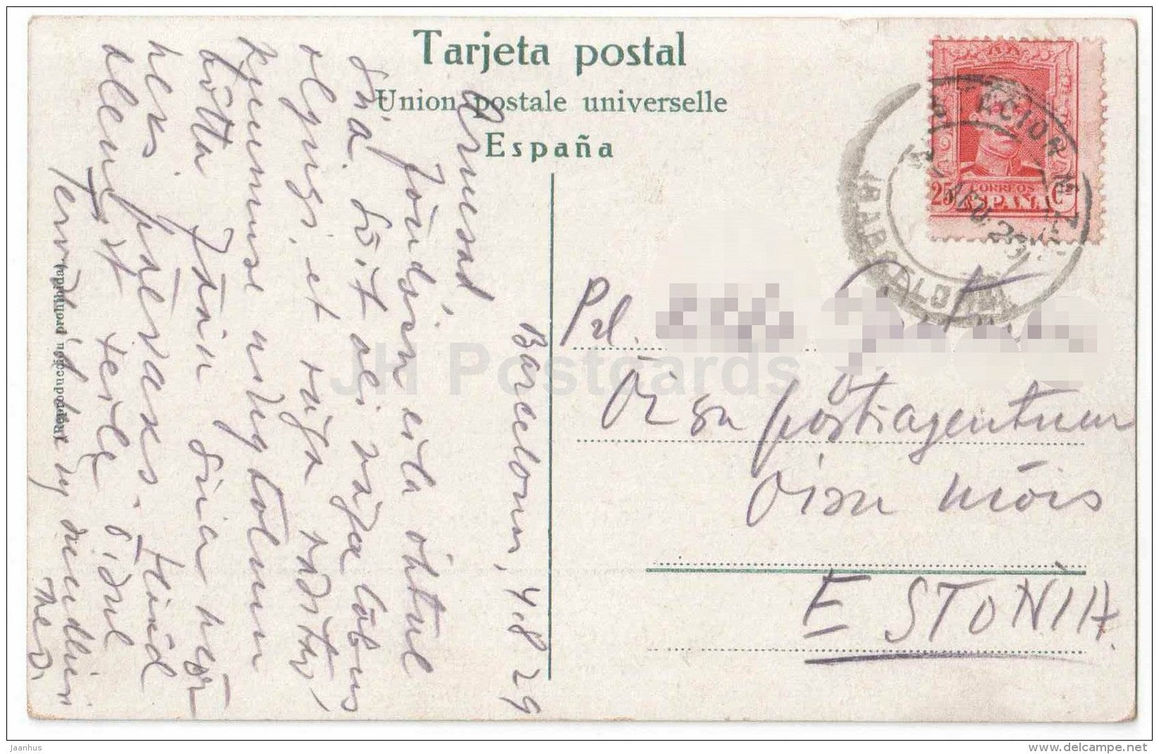 Calle de Arguelles - Gran Via Diagonal - 28 - Barcelona - Spain - sent from Spain Barcelona to Estonia Õisu 1929 - JH Postcards