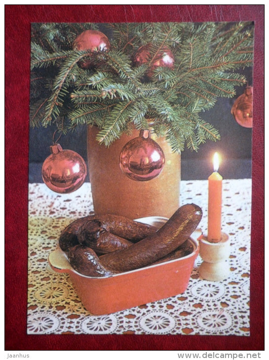 New Year Greeting card - candle - decorations - blood pudding - 1982 - Estonia USSR - used - JH Postcards