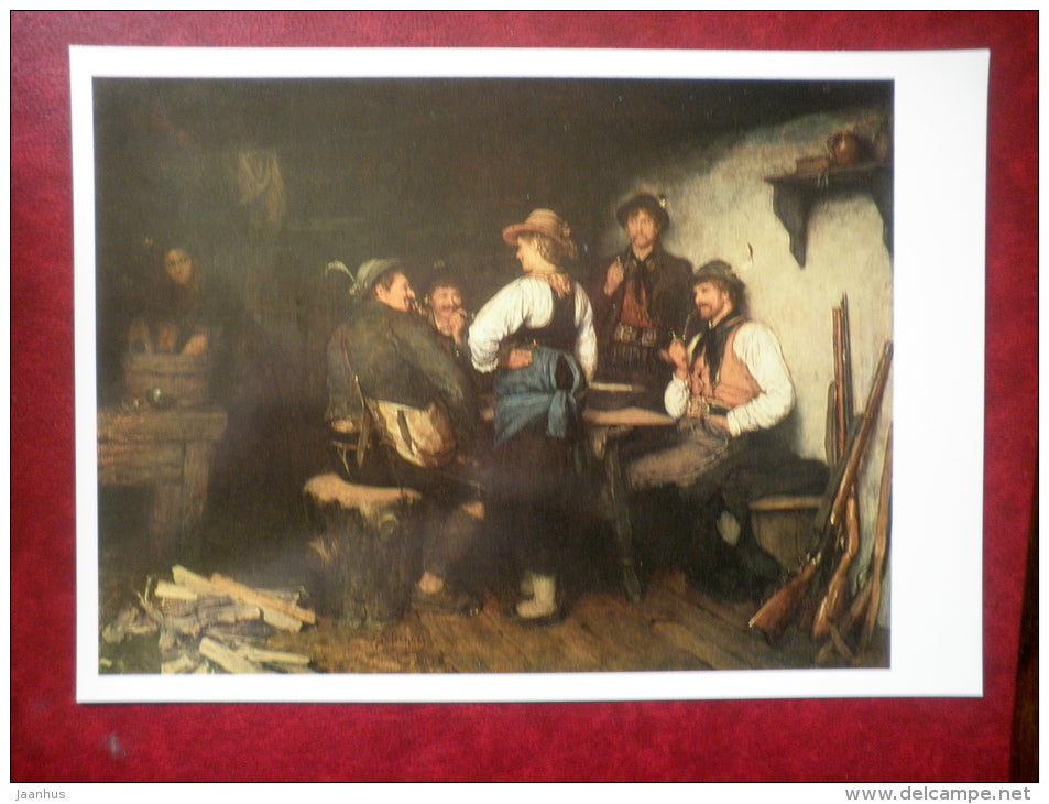 large format postcard - painting by Franz Defregger , Hunting Party , 1876 - hunting rifles - german art - unused - JH Postcards