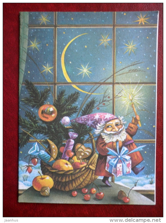 New Year Greeting card - illustration by Vera Stanishevskaya - gnome - moon - apples - 1990 - Estonia USSR - used - JH Postcards