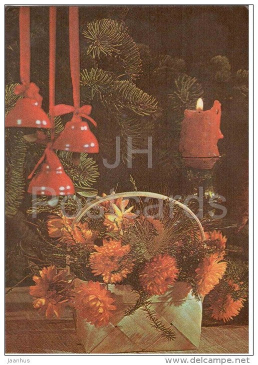 New Year greeting card - bells - candle - flowers - 1982 - Estonia USSR - used - JH Postcards