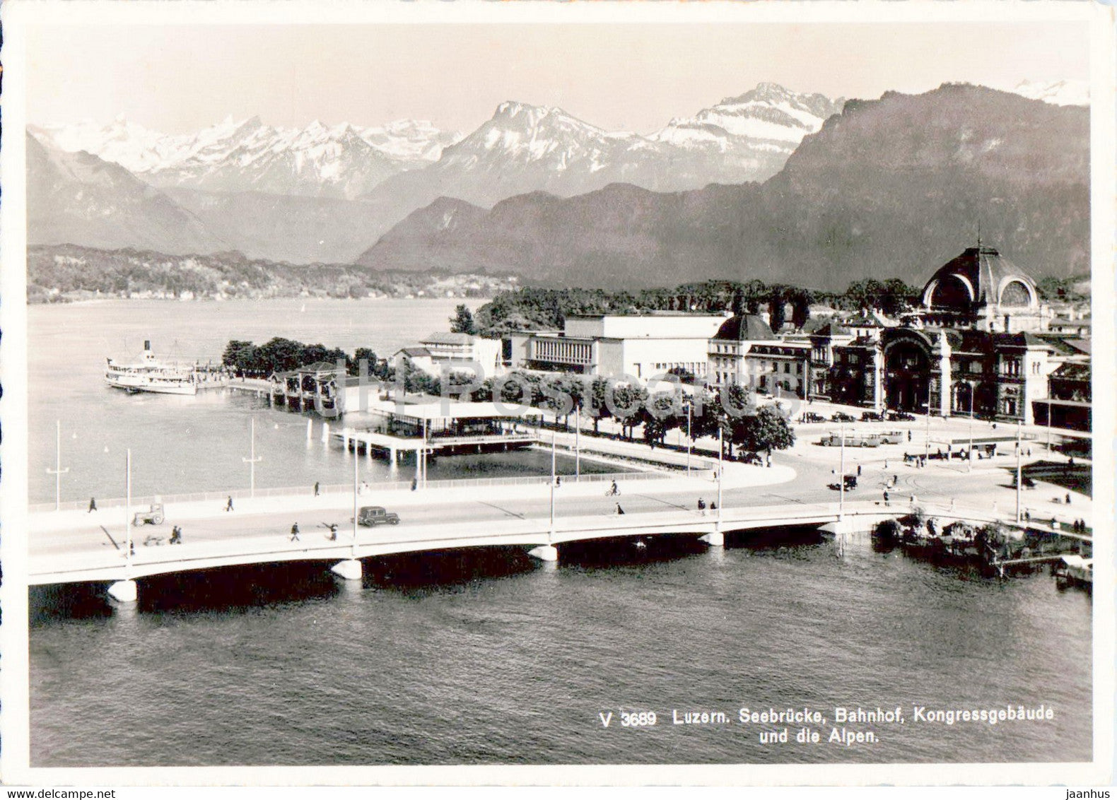 Luzern - Lucerne - Seebrucke - Bahnhof - Kongressgebaude und sie Alpen - 3689 - 1942 - old postcard - Switzerland - used - JH Postcards