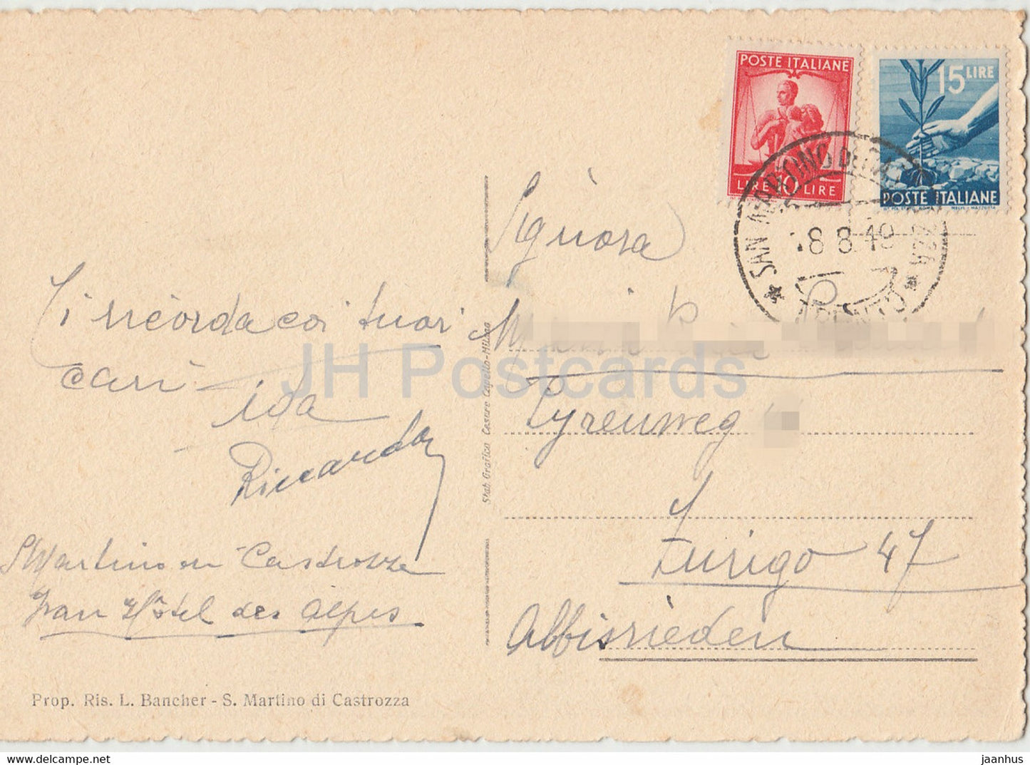 S Martino Di Castrozza 1444 m – Col Gruppo delle Pale – alte Postkarte – 1949 – Italien – gebraucht