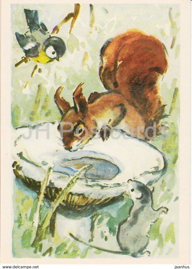 illustration by L. Gamburger - squirrel - tit - mouse - animals - Postcards for Children - 1984 - Russia USSR - unused - JH Postcards