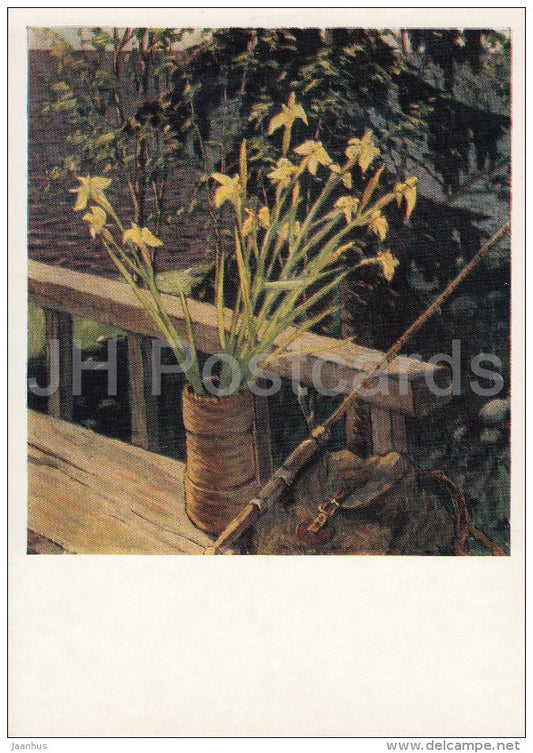 painting by L. Lankinen - Awaiting a Boat , 1959 - fish hook - narcissus - Karelian art - Russia USSR - 1977 - unused - JH Postcards