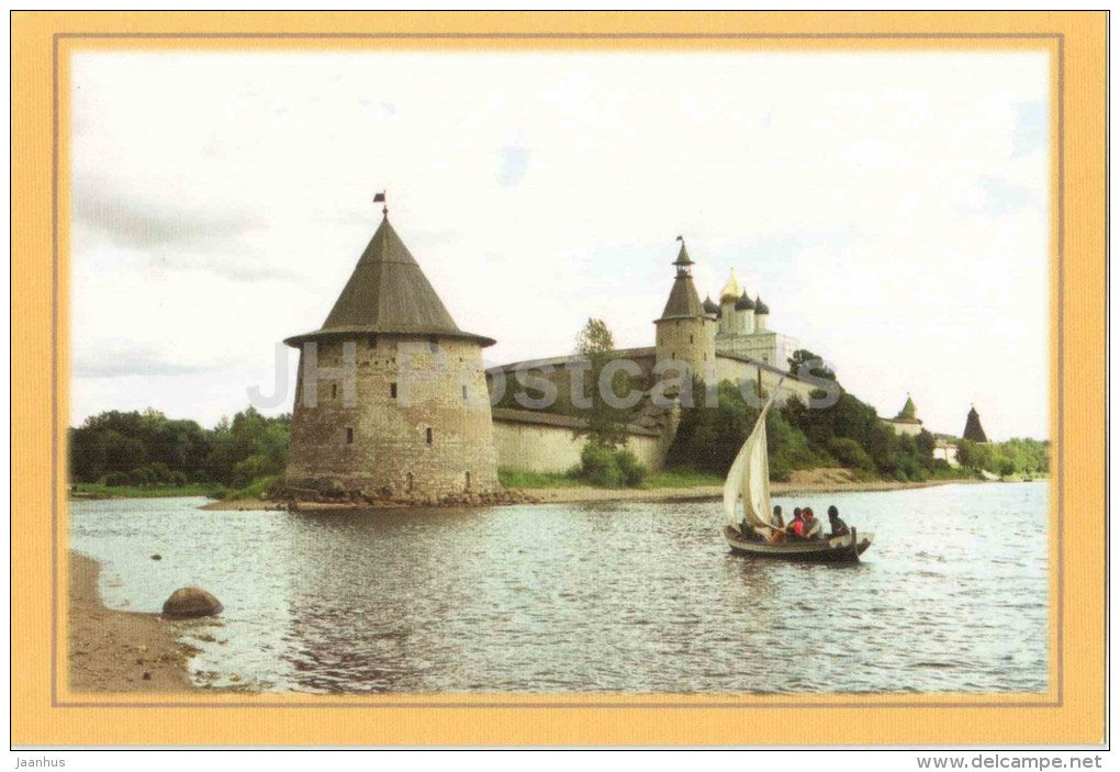 view of the Kremlin from the mouth Pskov river - sailing boat - Pskov - 2000s - Russia - unused - JH Postcards