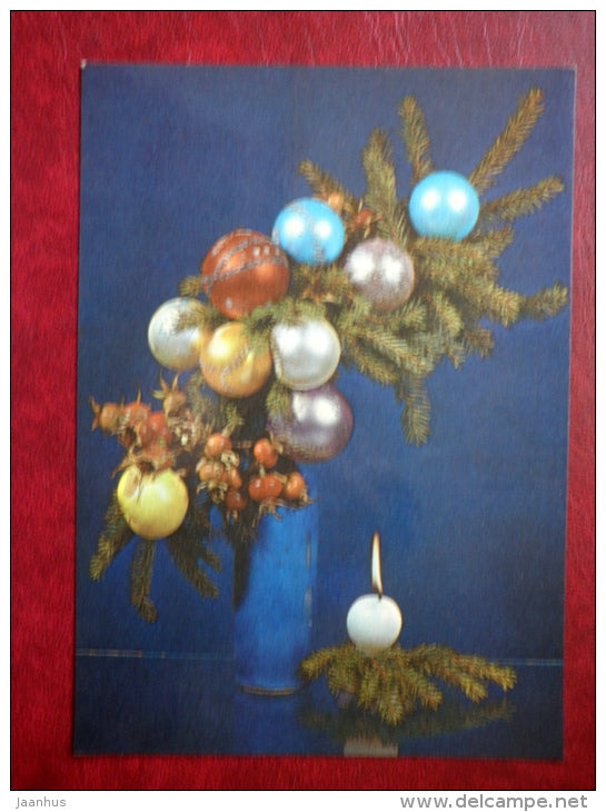 New Year Greeting card - candle - decorations - 1982 - Estonia USSR - unused - JH Postcards