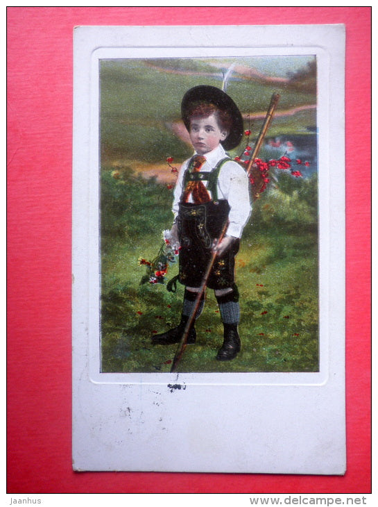 illustration - boy with stick - flowers - folk costumes - 2429/3 - sent to Estonia Reval mail wagon Imperial Russia 1911 - JH Postcards