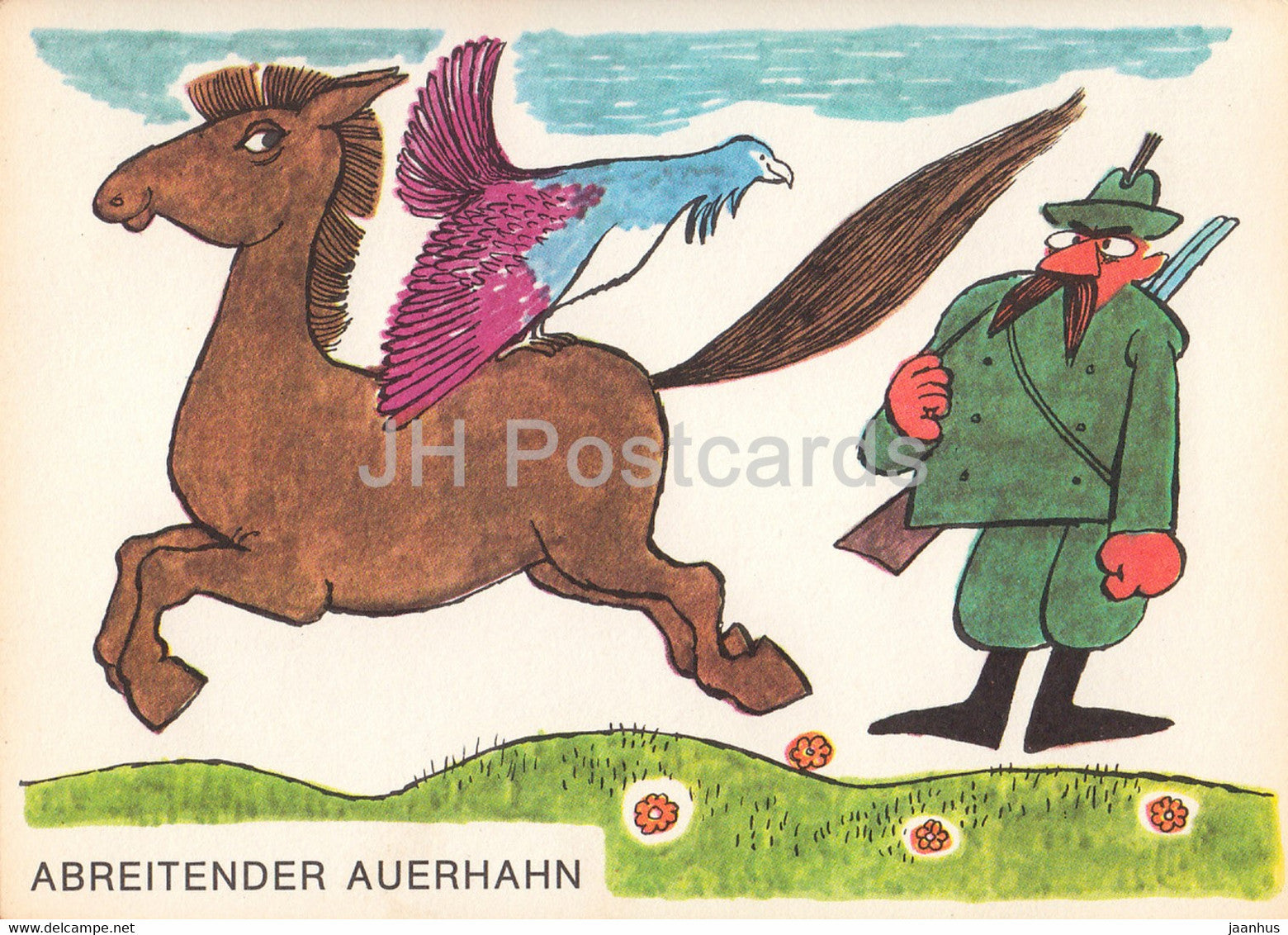 Arbeitender Auerhahn - grouse - horse - hunter - Horrido & Weidmannsheil - humour - DDR Germany - unused - JH Postcards